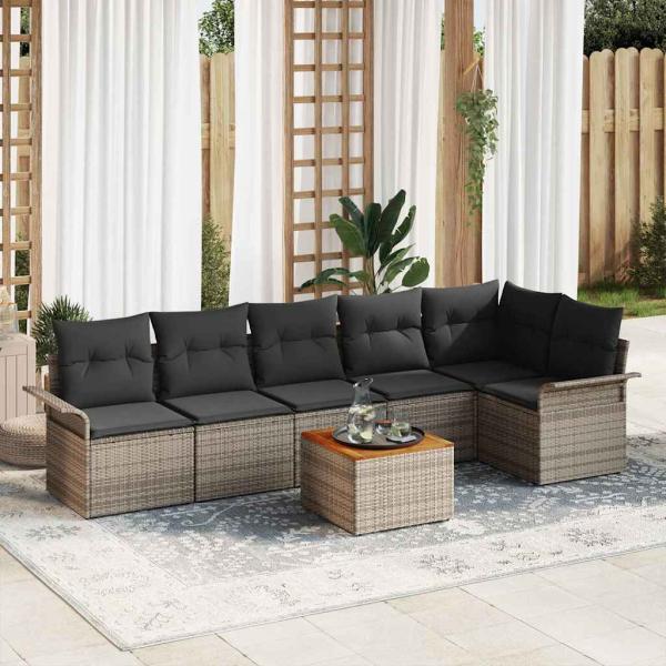 ARDEBO.de - 7-teiliges Garten Sofa Set mit Kissen Grau Poly Rattan Akazie, 2-Sitzer Garten Sofa mit Stauraum & Kissen Grau Poly Rattan