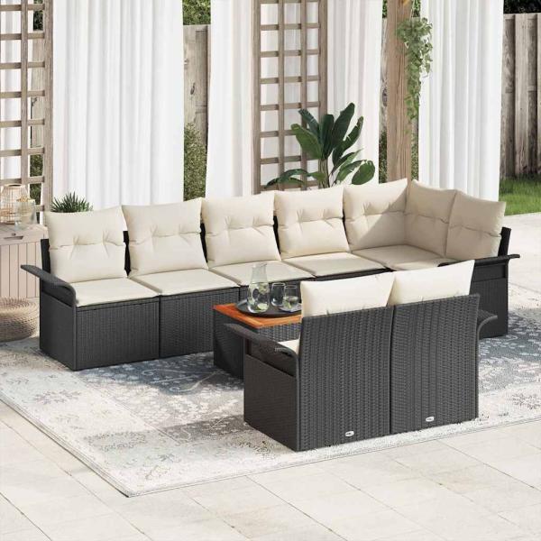 ARDEBO.de - 9-teiliges Garten-Sofa-Set mit Kissen Schwarzes Poly-Rattan Akazie, 2-Sitzer Garten-Sofa mit Stauraum und Kissen Schwarzes Poly-Rattan
