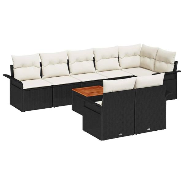 9-teiliges Garten-Sofa-Set mit Kissen Schwarzes Poly-Rattan Akazie, 2-Sitzer Garten-Sofa mit Stauraum und Kissen Schwarzes Poly-Rattan