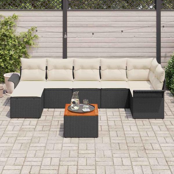 8-teiliges Garten Sofa Set mit Kissen Schwarz Poly Rattan Akazie, 2-Sitzer Garten Sofa mit Stauraum & Kissen Schwarz Poly Rattan