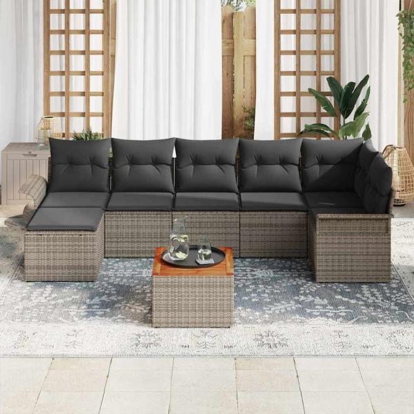 ARDEBO.de - 8-teiliges Garten Sofa Set mit Kissen Grau Poly Rattan Akazie, 2-Sitzer Garten Sofa mit Stauraum & Kissen Grau Poly Rattan