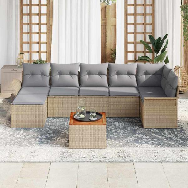 ARDEBO.de - 8-teiliges Garten Sofa Set mit Kissen Beige Poly Rattan Akazie, 2-Sitzer Garten Sofa mit Stauraum & Kissen Beige Poly Rattan