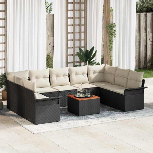 ARDEBO.de - 10-teiliges Garten Sofaset mit Kissen Schwarz Poly Rattan Akazie, 2-Sitzer Garten Sofa mit Stauraum und Kissen Schwarz Poly Rattan