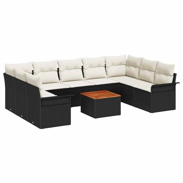 10-teiliges Garten Sofaset mit Kissen Schwarz Poly Rattan Akazie, 2-Sitzer Garten Sofa mit Stauraum und Kissen Schwarz Poly Rattan