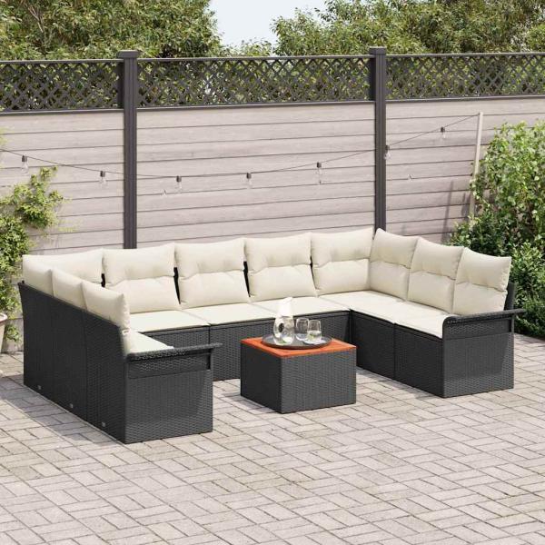 10-teiliges Garten Sofaset mit Kissen Schwarz Poly Rattan Akazie, 2-Sitzer Garten Sofa mit Stauraum und Kissen Schwarz Poly Rattan