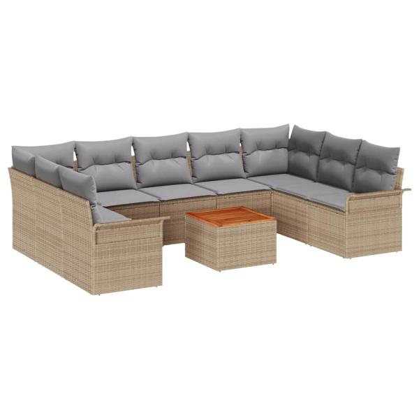 10-teilige Garten Sofa Set mit Kissen Beige Poly Rattan Akazie, 2-Sitzer Garten Sofa mit Stauraum & Kissen Beige Poly Rattan