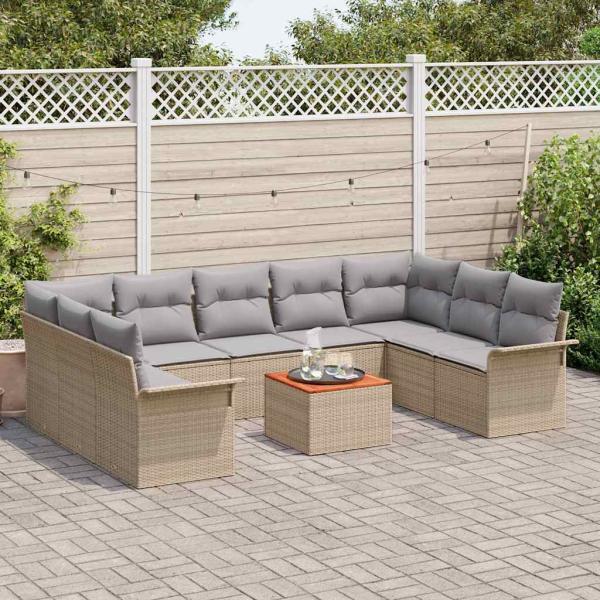 10-teilige Garten Sofa Set mit Kissen Beige Poly Rattan Akazie, 2-Sitzer Garten Sofa mit Stauraum & Kissen Beige Poly Rattan