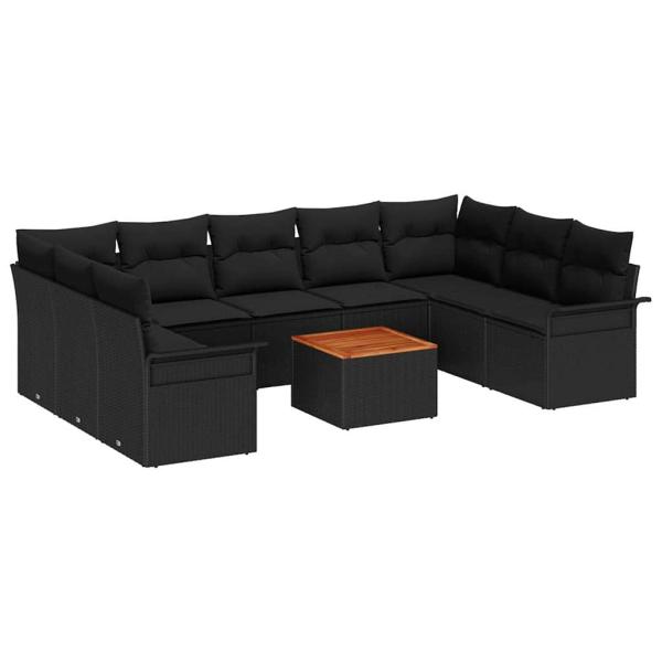 10-teiliges Garten-Sofa-Set mit Kissen Schwarz Poly-Rattan Akazie, 2-Sitzer Garten-Sofa mit Stauraum & Kissen Schwarz Poly-Rattan