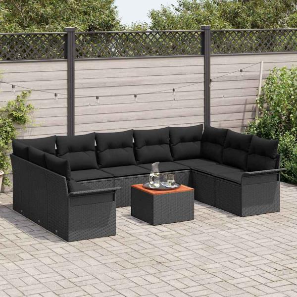 10-teiliges Garten-Sofa-Set mit Kissen Schwarz Poly-Rattan Akazie, 2-Sitzer Garten-Sofa mit Stauraum & Kissen Schwarz Poly-Rattan