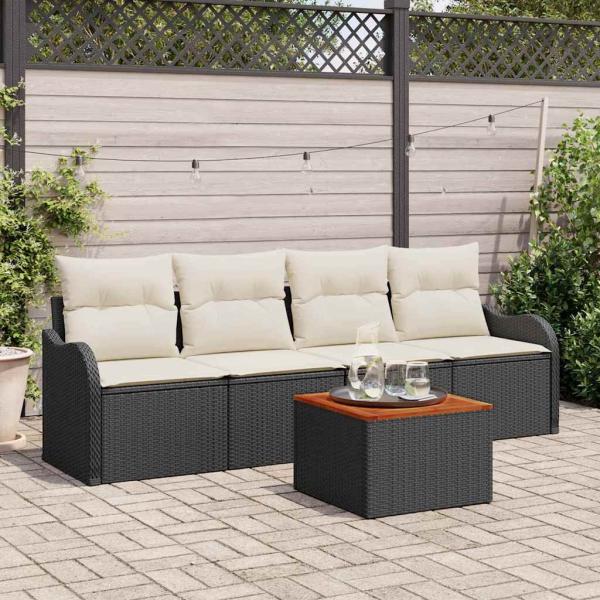 ARDEBO.de - 5-teiliges Garten Sofa Set mit Kissen Schwarz Poly Rattan Akazie, 2-Sitzer Garten Sofa mit Stauraum und Kissen Schwarz Poly Rattan