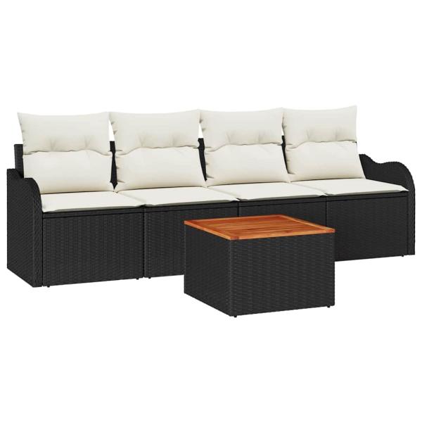 5-teiliges Garten Sofa Set mit Kissen Schwarz Poly Rattan Akazie, 2-Sitzer Garten Sofa mit Stauraum und Kissen Schwarz Poly Rattan