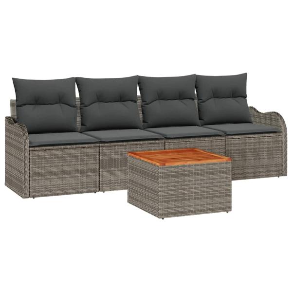 5-teiliges Garten-Sofa-Set mit Kissen Graues Poly-Rattan Akazie, 2-Sitzer Garten-Sofa mit Stauraum & Kissen Graues Poly-Rattan