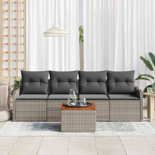 5-teiliges Garten-Sofa-Set mit Kissen Graues Poly-Rattan Akazie, 2-Sitzer Garten-Sofa mit Stauraum & Kissen Graues Poly-Rattan