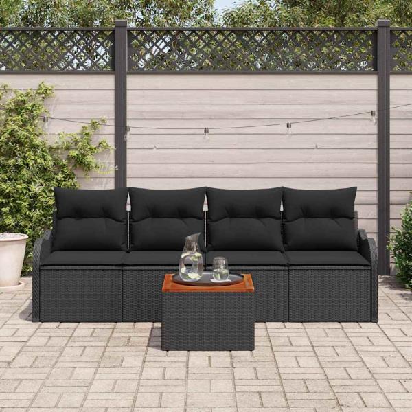 5-teiliges Garten-Sofa-Set mit Kissen Schwarz Poly-Rattan Akazie, 2-Sitzer Garten-Sofa mit Stauraum & Kissen Schwarz Poly-Rattan