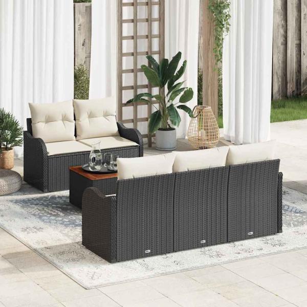 ARDEBO.de - 6-teilige Garten-Sofa-Set mit Kissen Schwarz Poly Rattan Akazie, 2-Sitzer Garten-Sofa mit Stauraum und Kissen Schwarz Poly Rattan