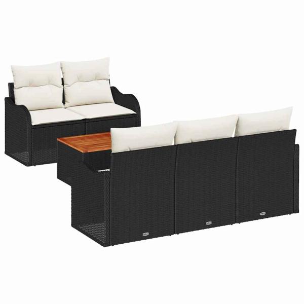 6-teilige Garten-Sofa-Set mit Kissen Schwarz Poly Rattan Akazie, 2-Sitzer Garten-Sofa mit Stauraum und Kissen Schwarz Poly Rattan