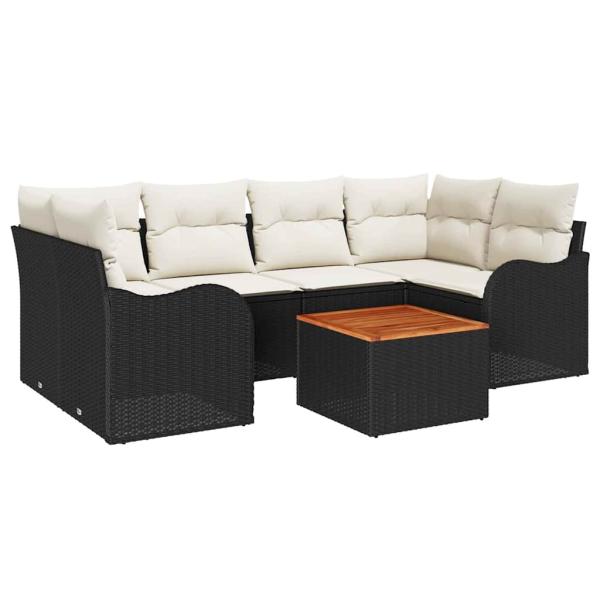 ARDEBO.de - 7-teilige Garten-Sofa-Set mit Kissen Schwarz Poly Rattan Akazie, 2-Sitzer Garten-Sofa mit Stauraum & Kissen Schwarz Poly Rattan