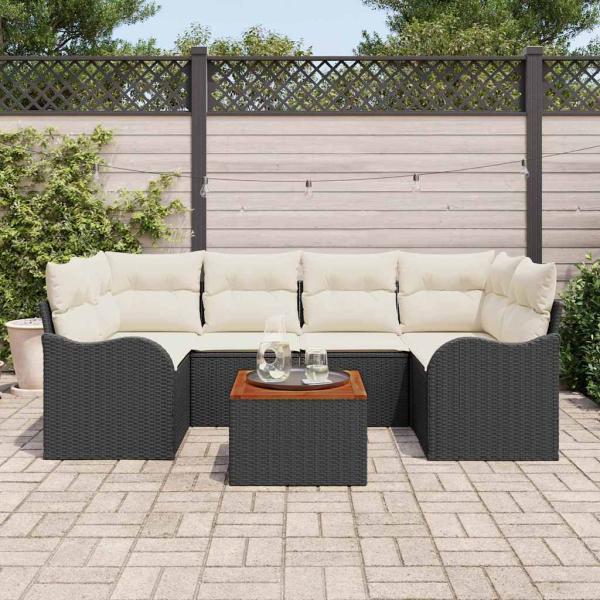 7-teilige Garten-Sofa-Set mit Kissen Schwarz Poly Rattan Akazie, 2-Sitzer Garten-Sofa mit Stauraum & Kissen Schwarz Poly Rattan