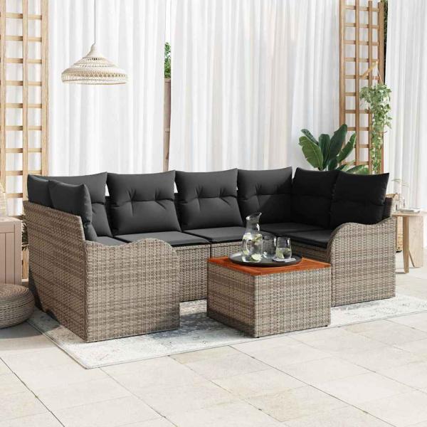 ARDEBO.de - 7-teiliges Garten Sofa Set mit Kissen Grau Poly Rattan Akazie, 2-Sitzer Garten Sofa mit Stauraum & Kissen Grau Poly Rattan