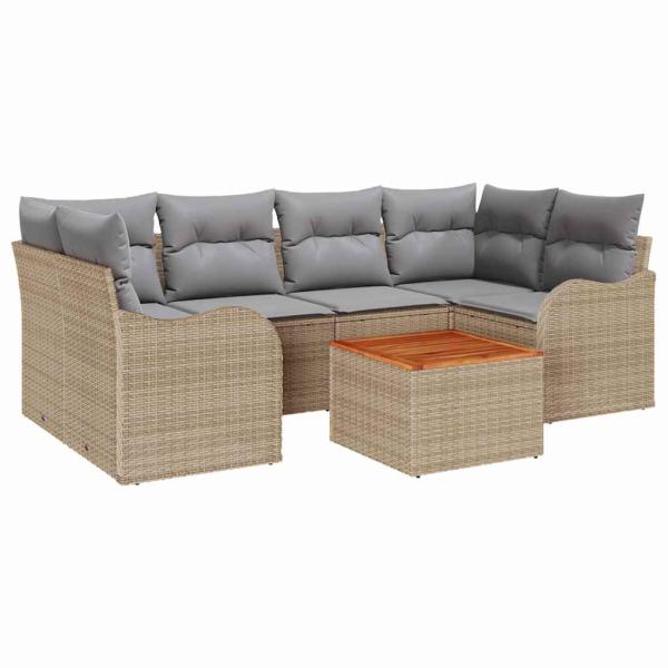7-teilige Garten Sofa Set mit Kissen Beige Poly Rattan Akazie, 2-Sitzer Garten Sofa mit Stauraum & Kissen Beige Poly Rattan
