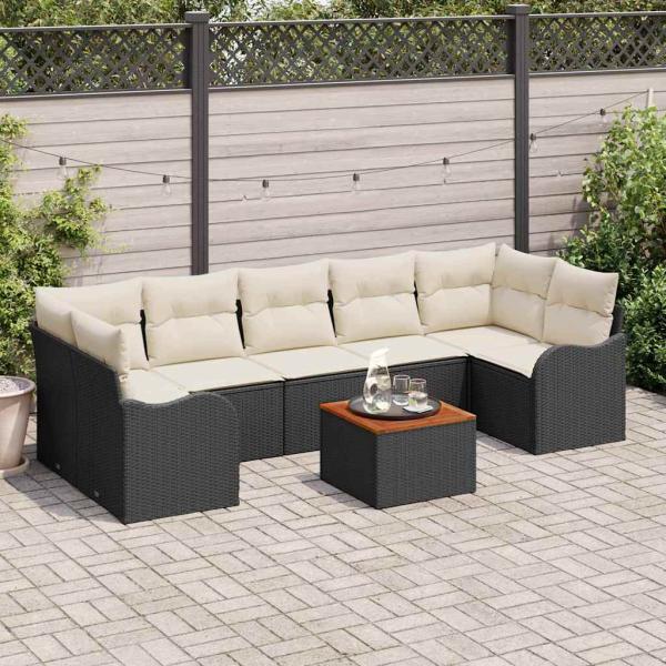 ARDEBO.de - 8-teiliges Garten-Sofa-Set mit Kissen Schwarz Poly Rattan Akazie, 2-Sitzer Garten Sofa mit Stauraum & Kissen Schwarz Poly Rattan