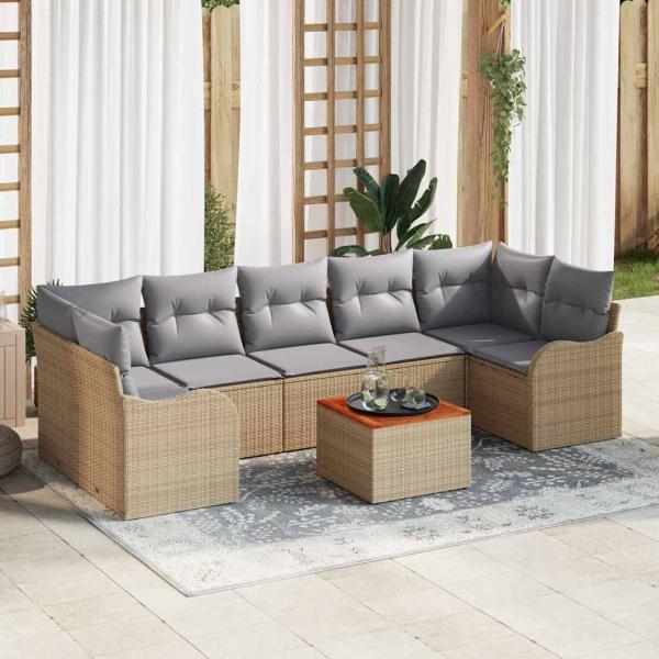 ARDEBO.de - 8-teiliges Garten Sofaset mit Kissen Beige Poly Rattan Akazie, Zweisitzer Garten Sofa mit Stauraum & Kissen Beige Poly Rattan