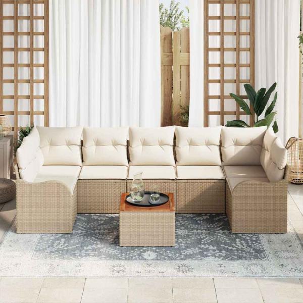 8-teiliges Garten Sofa Set mit Kissen Beige Poly Rattan Akazie, 2-Sitzer Garten Sofa mit Stauraum & Kissen Beige Poly Rattan