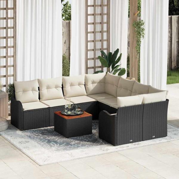 ARDEBO.de - 9-teiliges Garten Sofa Set mit Kissen Schwarz Poly Rattan Akazie, 2-Sitzer Garten Sofa mit Stauraum & Kissen Schwarz Poly Rattan