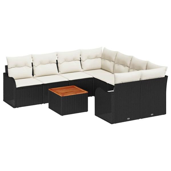 9-teiliges Garten Sofa Set mit Kissen Schwarz Poly Rattan Akazie, 2-Sitzer Garten Sofa mit Stauraum & Kissen Schwarz Poly Rattan