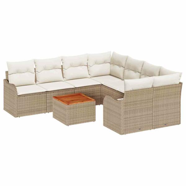 9-teiliges Garten Sofa Set mit Kissen Beige Poly Rattan Akazie, 2-Sitzer Garten Sofa mit Stauraum & Kissen Beige Poly Rattan