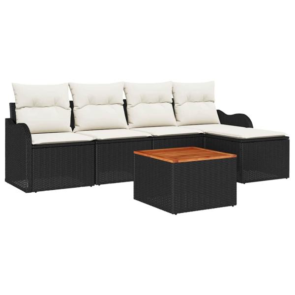 6-teiliges Garten-Sofa-Set mit Kissen Schwarz Poly Rattan Akazie, 2-Sitzer Garten-Sofa mit Stauraum & Kissen Schwarz Poly Rattan