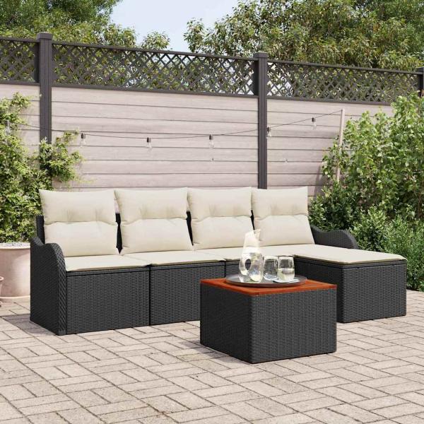 6-teiliges Garten-Sofa-Set mit Kissen Schwarz Poly Rattan Akazie, 2-Sitzer Garten-Sofa mit Stauraum & Kissen Schwarz Poly Rattan
