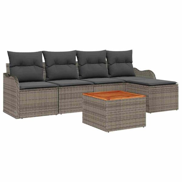 6-teiliges Garten-Sofa-Set mit Kissen Grau Poly Rattan Akazie, 2-Sitzer Garten-Sofa mit Stauraum & Kissen Grau Poly Rattan
