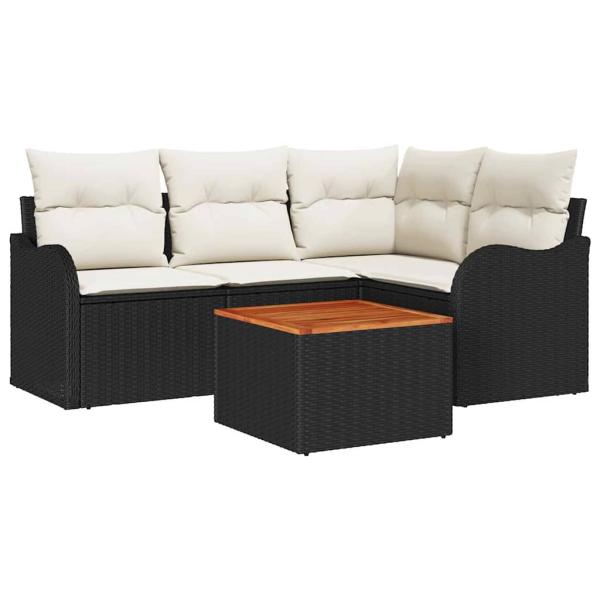 5-teiliges Garten Sofa Set mit Kissen in Schwarz, Poly Rattan und Akazie, 2-Sitzer Garten Sofa mit Stauraum & Kissen in Schwarz, Poly Rattan