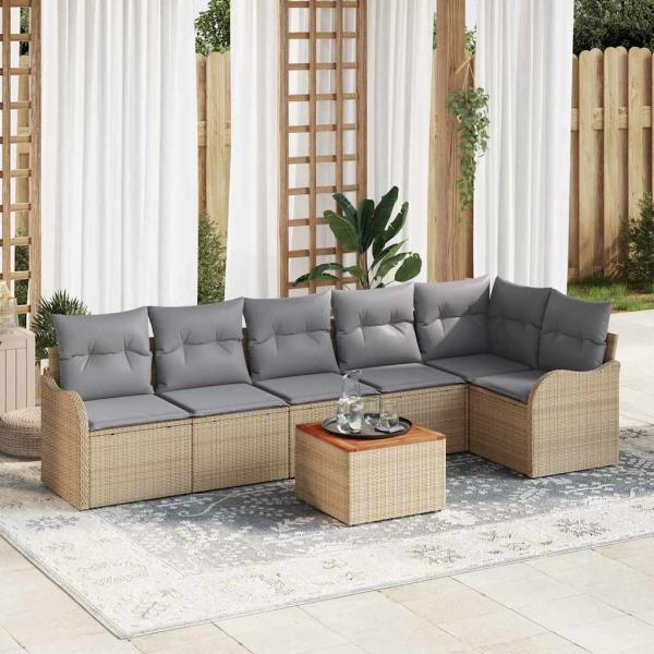 ARDEBO.de - 7-teiliges Garten Sofa Set mit Kissen Beige Poly Rattan Akazie, 2-Sitzer Garten Sofa mit Stauraum & Kissen Beige Poly Rattan