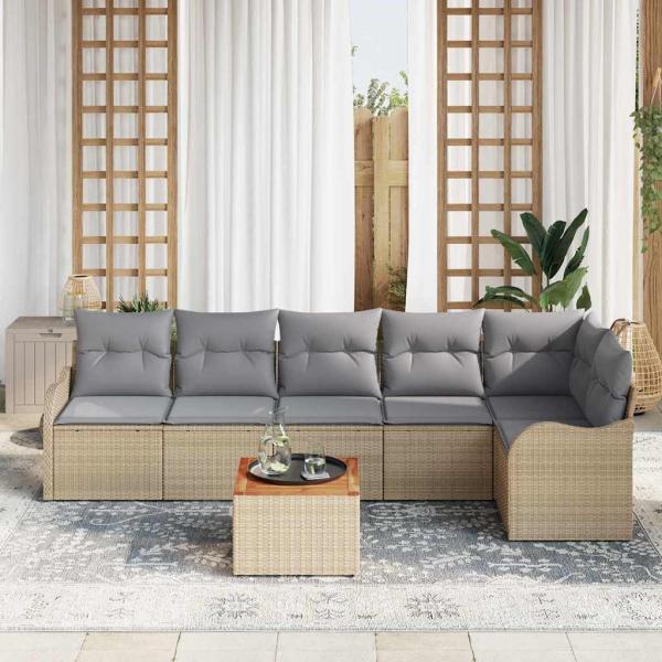 7-teiliges Garten Sofa Set mit Kissen Beige Poly Rattan Akazie, 2-Sitzer Garten Sofa mit Stauraum & Kissen Beige Poly Rattan