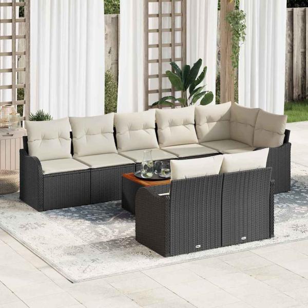 ARDEBO.de - 9-teiliges Garten Sofa Set mit Kissen in schwarzem Poly Rattan Akazie, 2-Sitzer Garten Sofa mit Stauraum und Kissen in schwarzem Poly Rattan