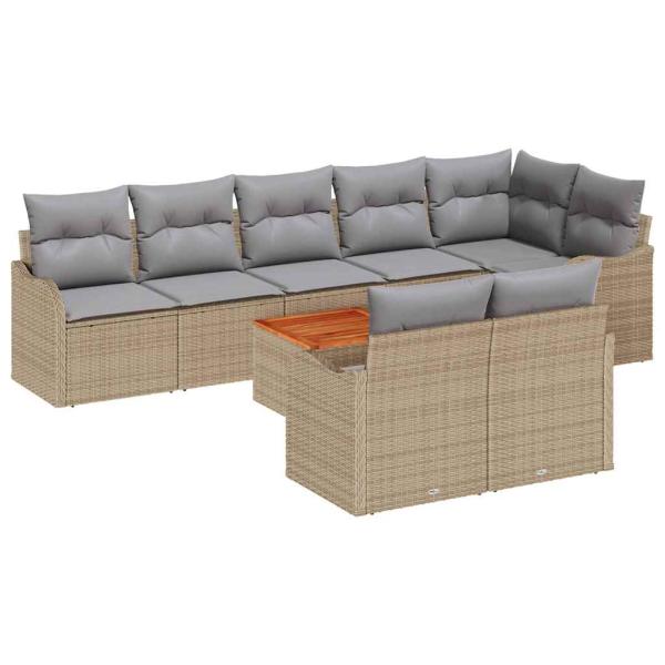 9-teiliges Garten-Sofa-Set mit Kissen Beige Poly Rattan Akazie, 2-Sitzer Garten-Sofa mit Stauraum & Kissen Beige Poly Rattan