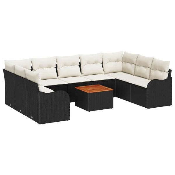 10-teiliges Garten Sofa Set mit Kissen Schwarz Poly-Rattan Akazie, 2-Sitzer Garten Sofa mit Stauraum & Kissen Schwarz Poly-Rattan