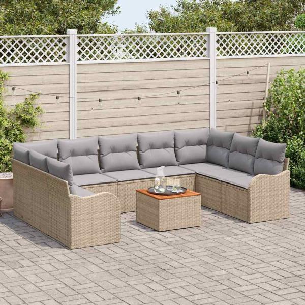 10-teiliges Garten-Sofa-Set mit Kissen Beige Poly-Rattan Akazie, 2-Sitzer Garten-Sofa mit Stauraum & Kissen Beige Poly-Rattan