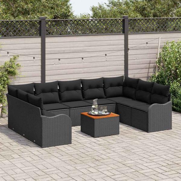 10-teiliges Garten Sofa Set mit Kissen Schwarz Poly Rattan Akazie, 2-Sitzer Garten Sofa mit Stauraum & Kissen Schwarz Poly Rattan