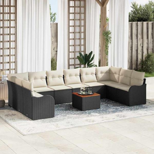 ARDEBO.de - 11-teiliges Garten-Sofa-Set mit Kissen Schwarz Poly Rattan Akazie, 2-Sitzer Garten-Sofa mit Stauraum & Kissen Schwarz Poly Rattan
