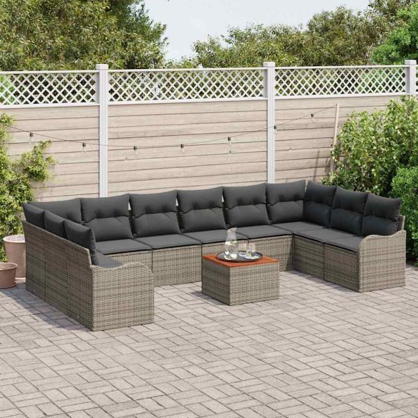 11-teiliges Garten-Sofa-Set mit Kissen Grau Poly Rattan Akazie, 2-Sitzer Garten-Sofa mit Stauraum & Kissen Grau Poly Rattan