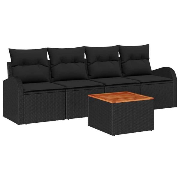 5-teiliges Garten Sofa Set mit Kissen Schwarz Poly Rattan Akazie, 2-Sitzer Garten Sofa mit Stauraum und Kissen Schwarz Poly Rattan