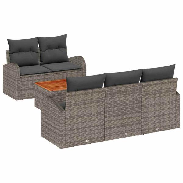 6-teiliges Garten-Sofa-Set mit Kissen Grau Poly-Rattan Akazie, 2-Sitzer Garten-Sofa mit Stauraum & Kissen Grau Poly-Rattan