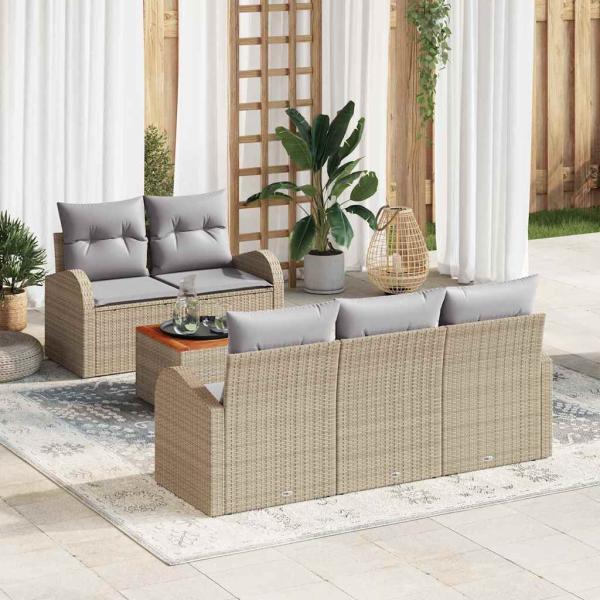 ARDEBO.de - 6-teiliges Garten Sofa Set mit Kissen Beige Poly Rattan Akazie, 2-Sitzer Garten Sofa mit Stauraum & Kissen Beige Poly Rattan