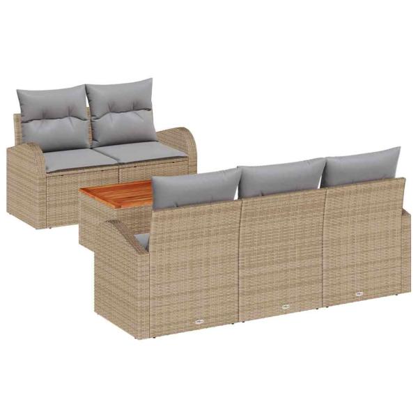 6-teiliges Garten Sofa Set mit Kissen Beige Poly Rattan Akazie, 2-Sitzer Garten Sofa mit Stauraum & Kissen Beige Poly Rattan