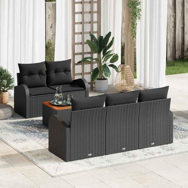 ARDEBO.de - 6-teiliges Garten-Sofa-Set mit Kissen Schwarz Poly Rattan Akazie, 2-Sitzer Garten-Sofa mit Stauraum & Kissen Schwarz Poly Rattan