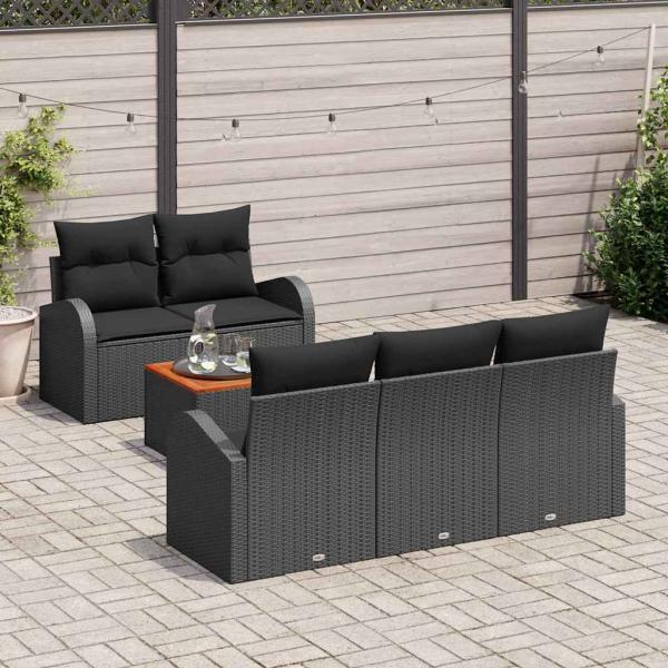 6-teiliges Garten-Sofa-Set mit Kissen Schwarz Poly Rattan Akazie, 2-Sitzer Garten-Sofa mit Stauraum & Kissen Schwarz Poly Rattan
