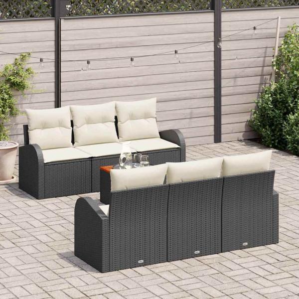 7-teiliges Garten Sofa Set mit Kissen in schwarzem Poly Rattan Akazie, 2-Sitzer Garten Sofa mit Stauraum & Kissen in schwarzem Poly Rattan